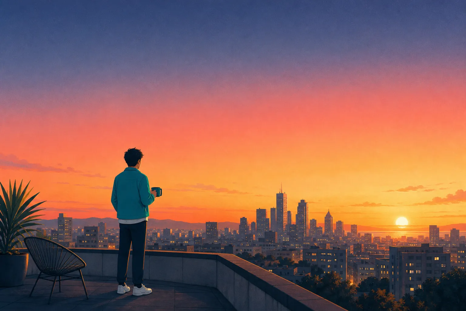 Illustration: sunrise over a city skyline, the developer watching with a mug in hand