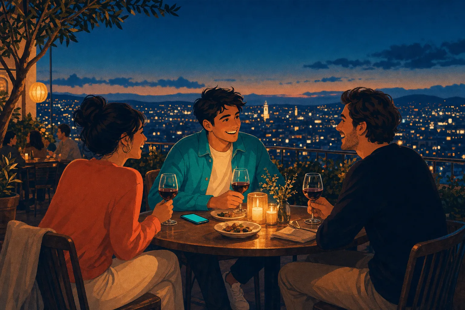 Illustration: a warm dinner with friends above the city, a phone glowing softly on the table