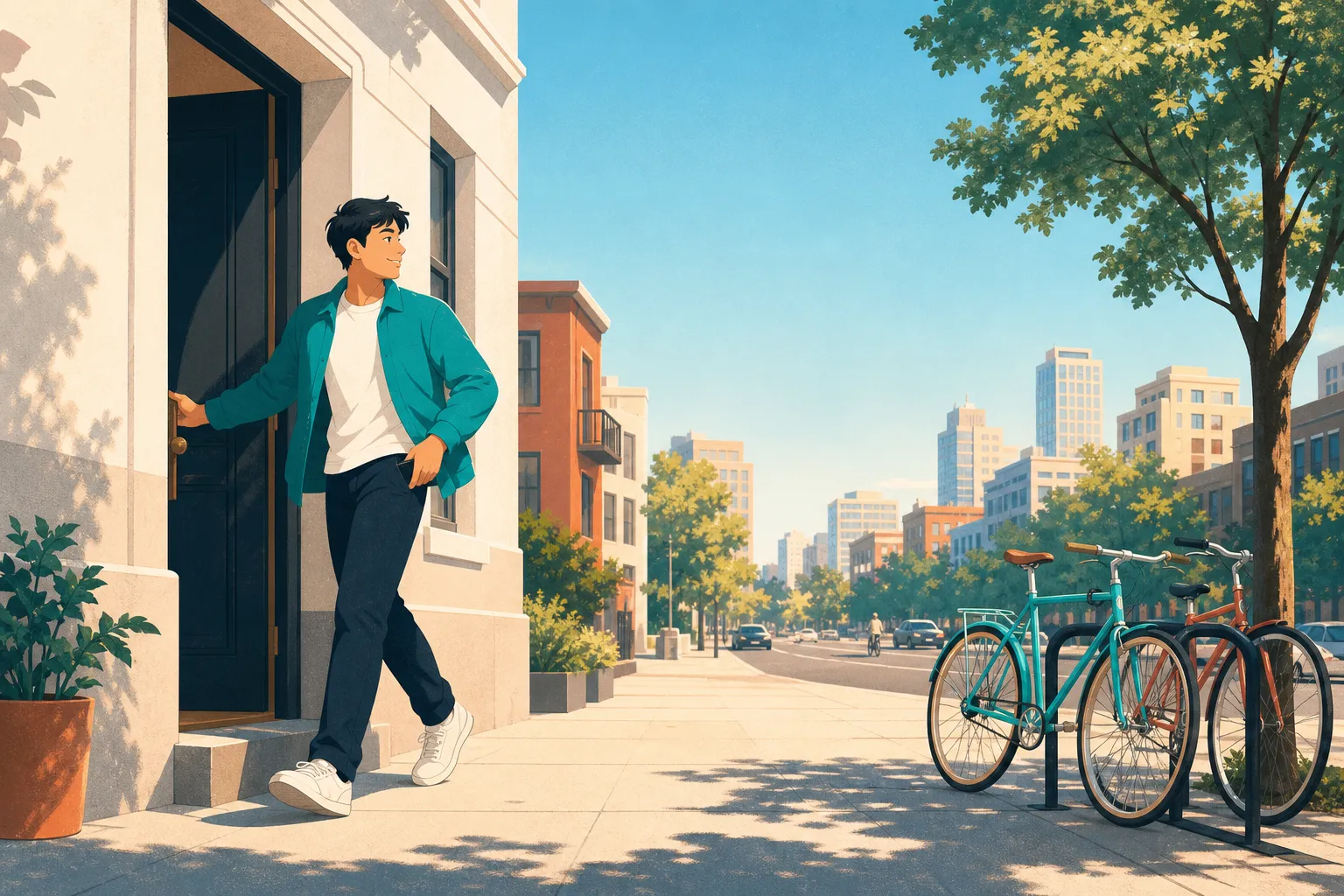 Illustration: a developer steps out of their front door into a sunny street, phone in pocket