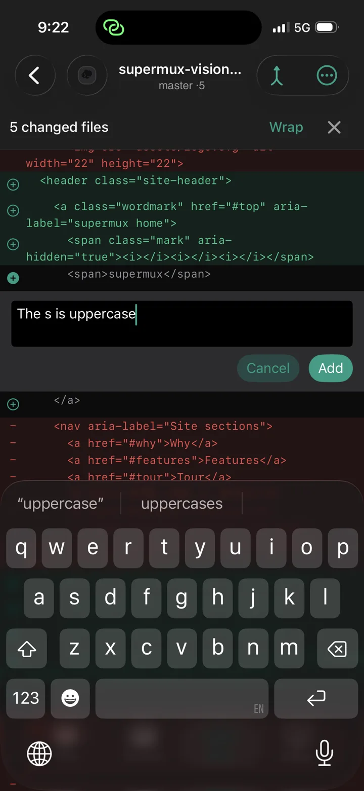 Reviewing a diff with an inline comment in the supermux app