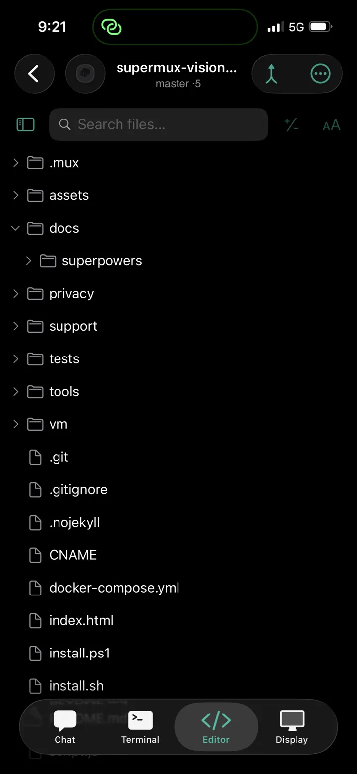 The project file tree and editor inside the supermux app