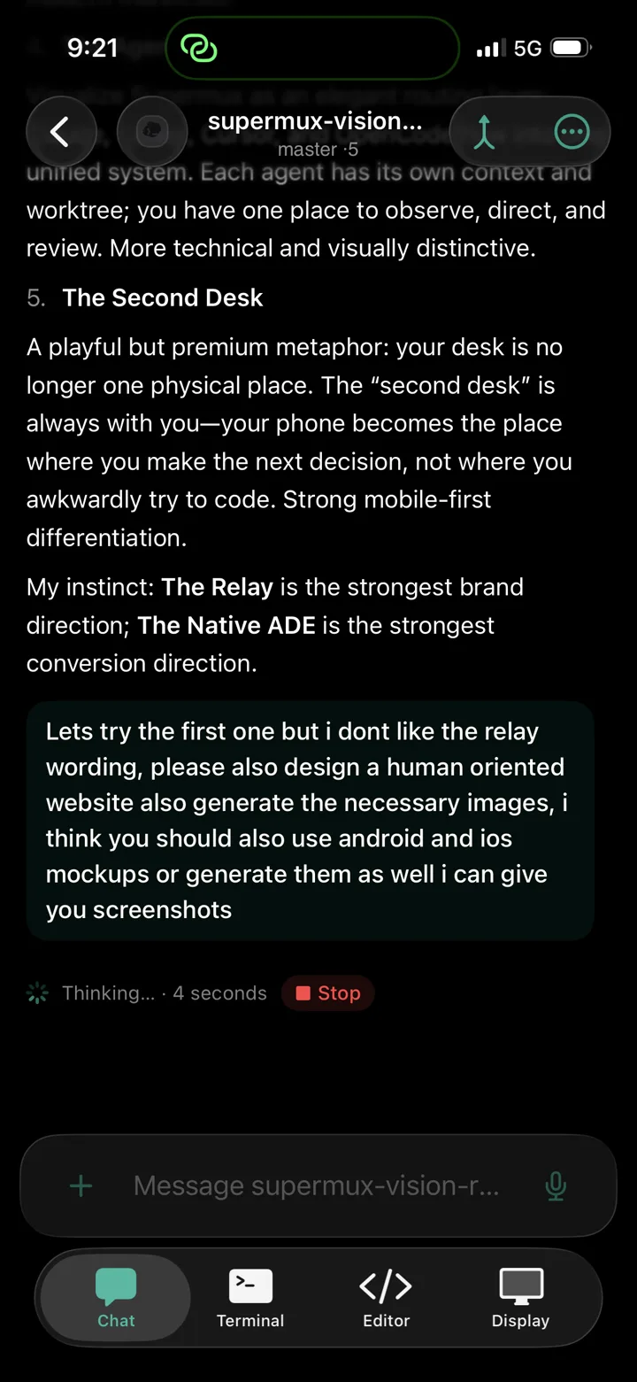 Chatting with a coding agent in the supermux app