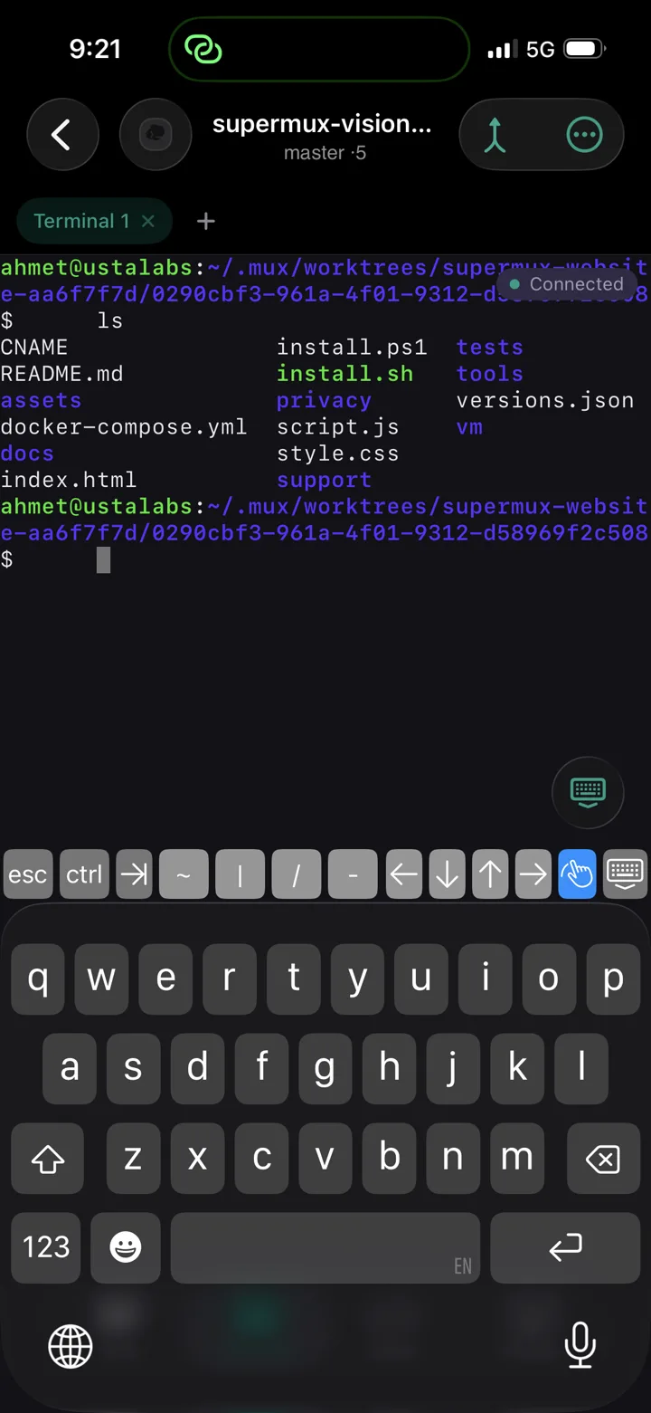 A live terminal session inside the supermux app