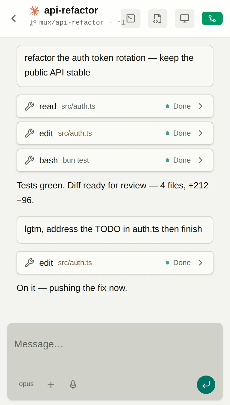 supermux chat: a worker session reporting progress in its own thread