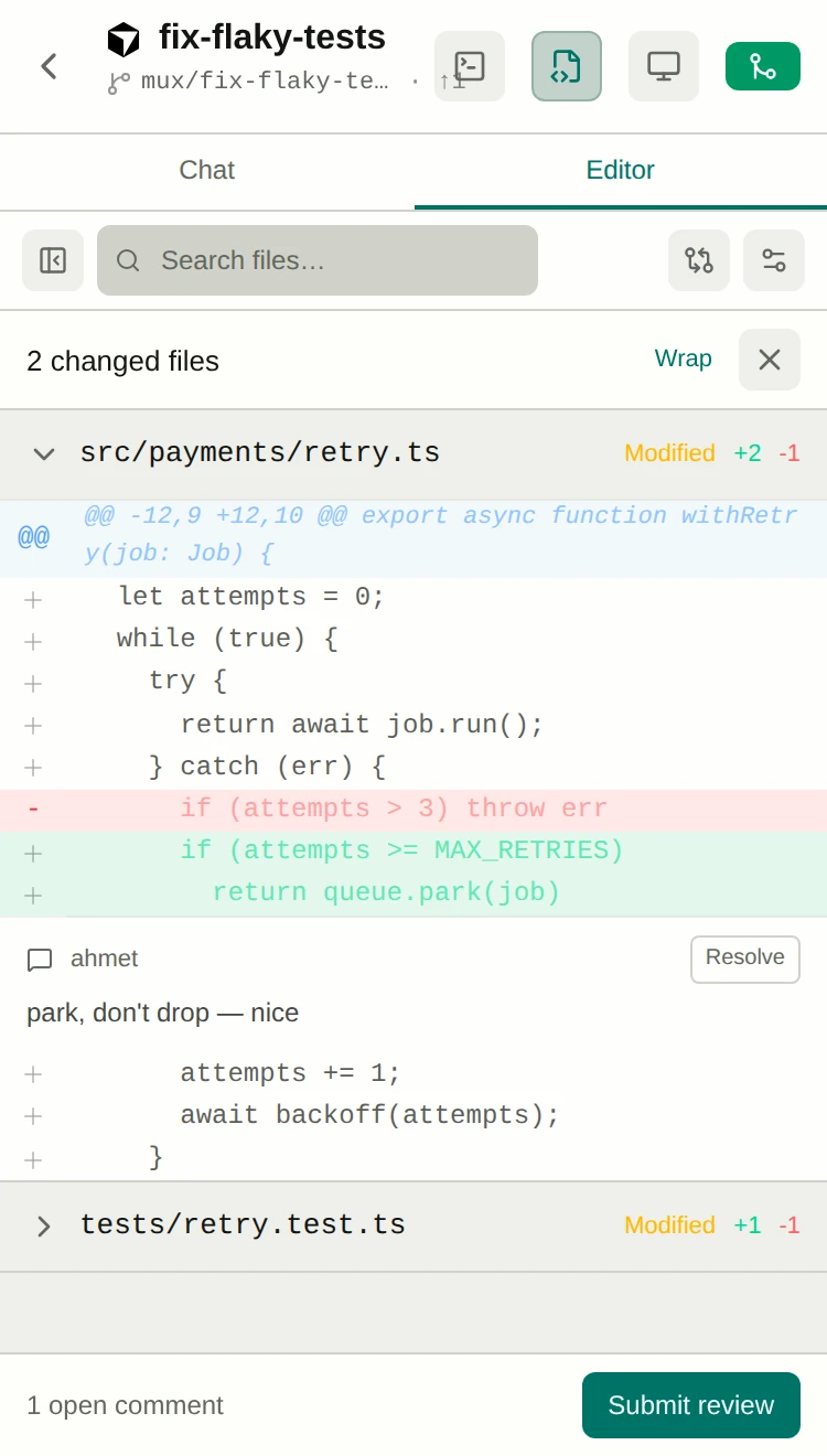 phone-sized git diff review with an inline comment on the changed line