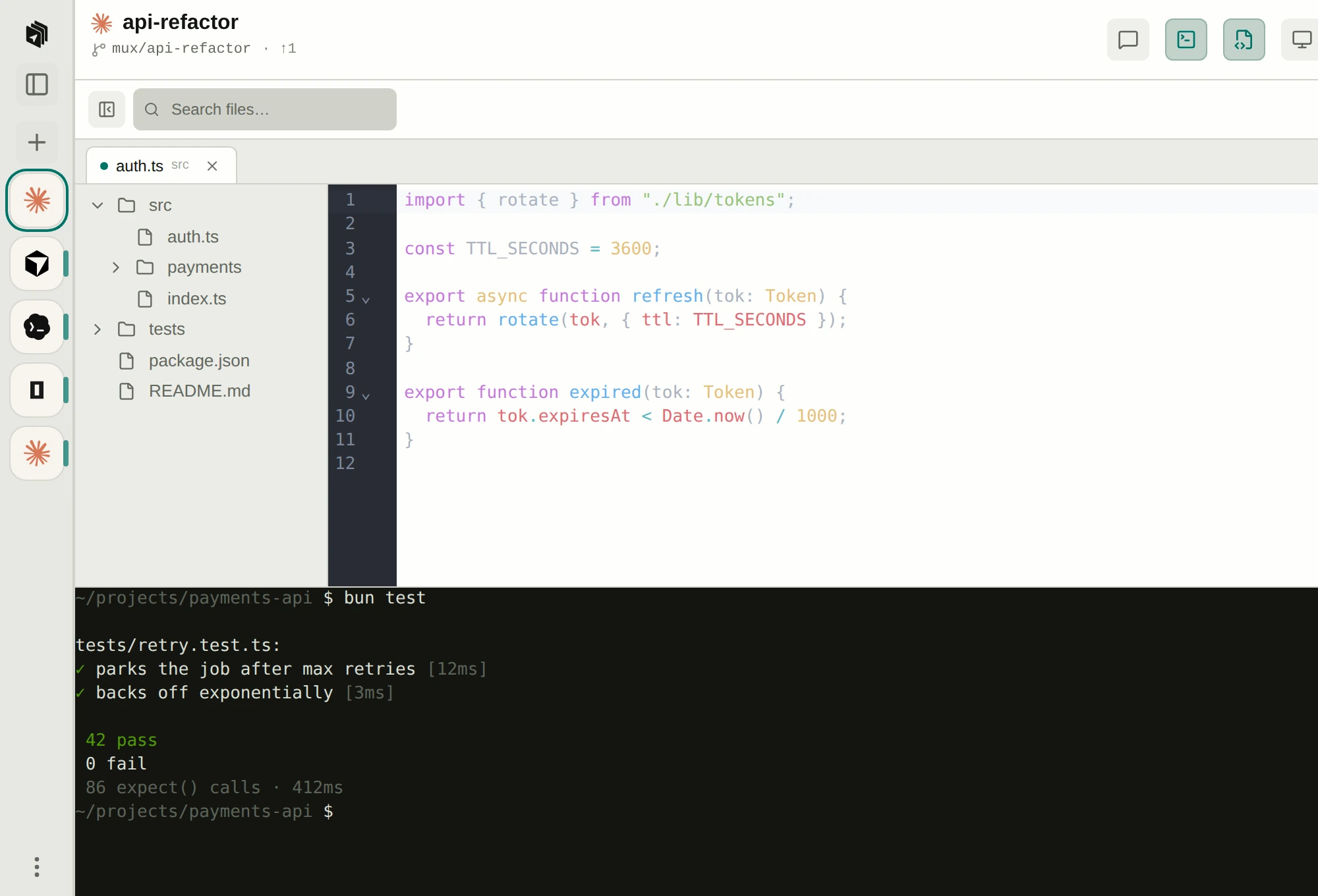 browser workspace: file tree, code editor on auth.ts, and a terminal running bun test